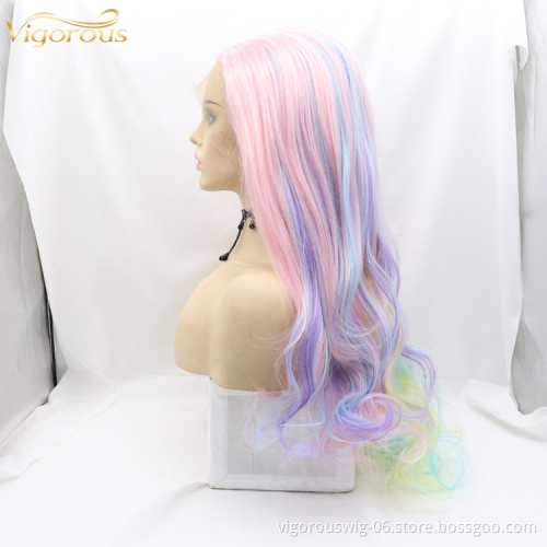 Vigorous Lace Synthetic Wig Long Straight Rainbow Color Full Wig for Cosplay Girls Party or Daily Use